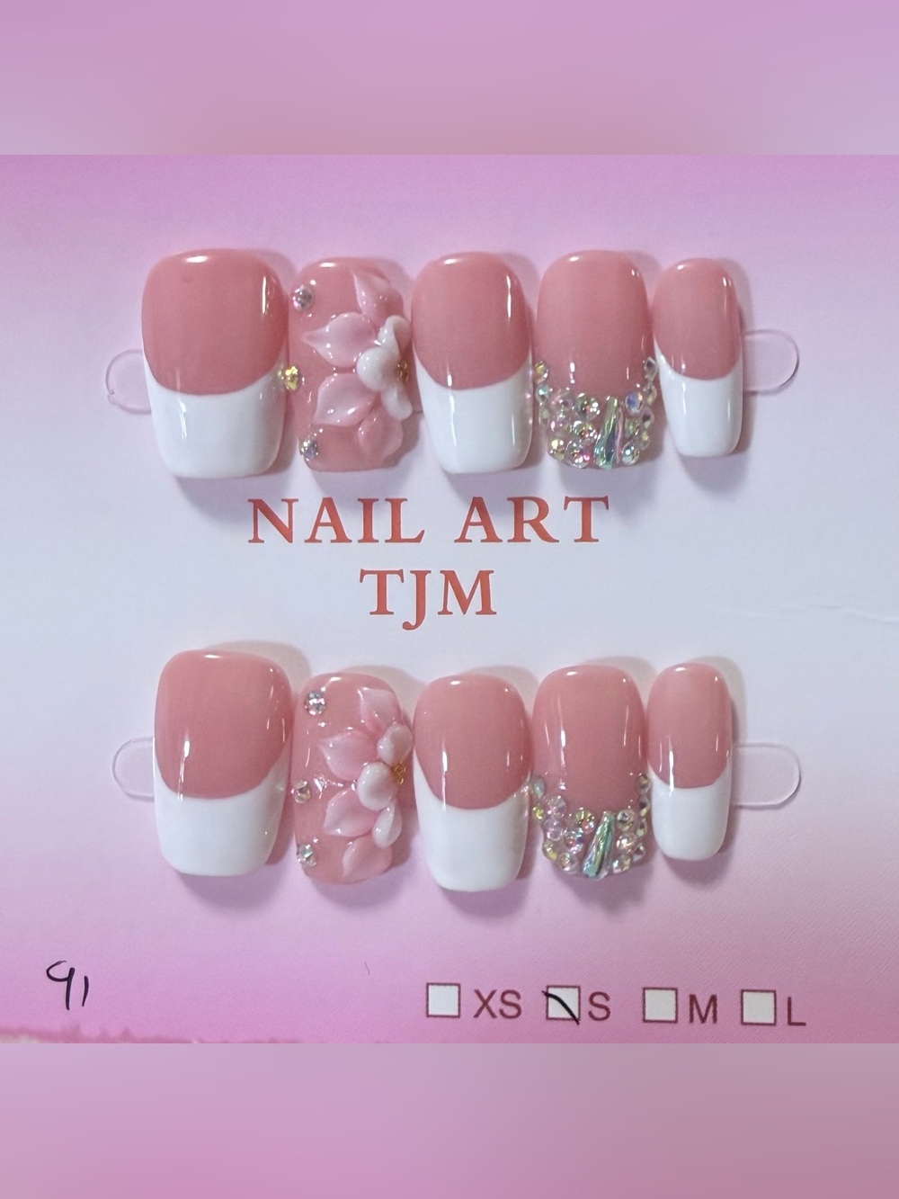 Pink French Tip Press-On Nail Set with 3D Floral Accents